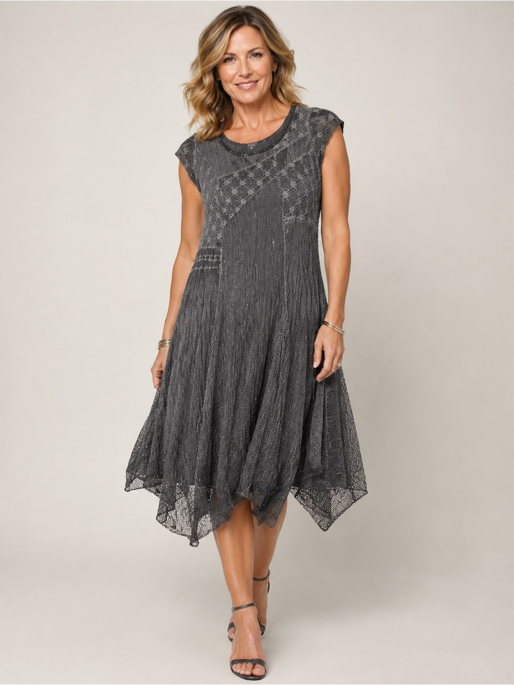 Adam Jacob - Asymmetrical Charcoal Grey Lace Mesh Dress - SzM